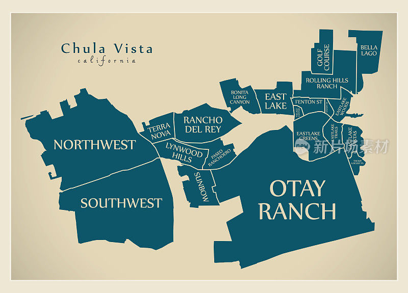 现代城市地图- Chula Vista美国加州城市的邻居和标题